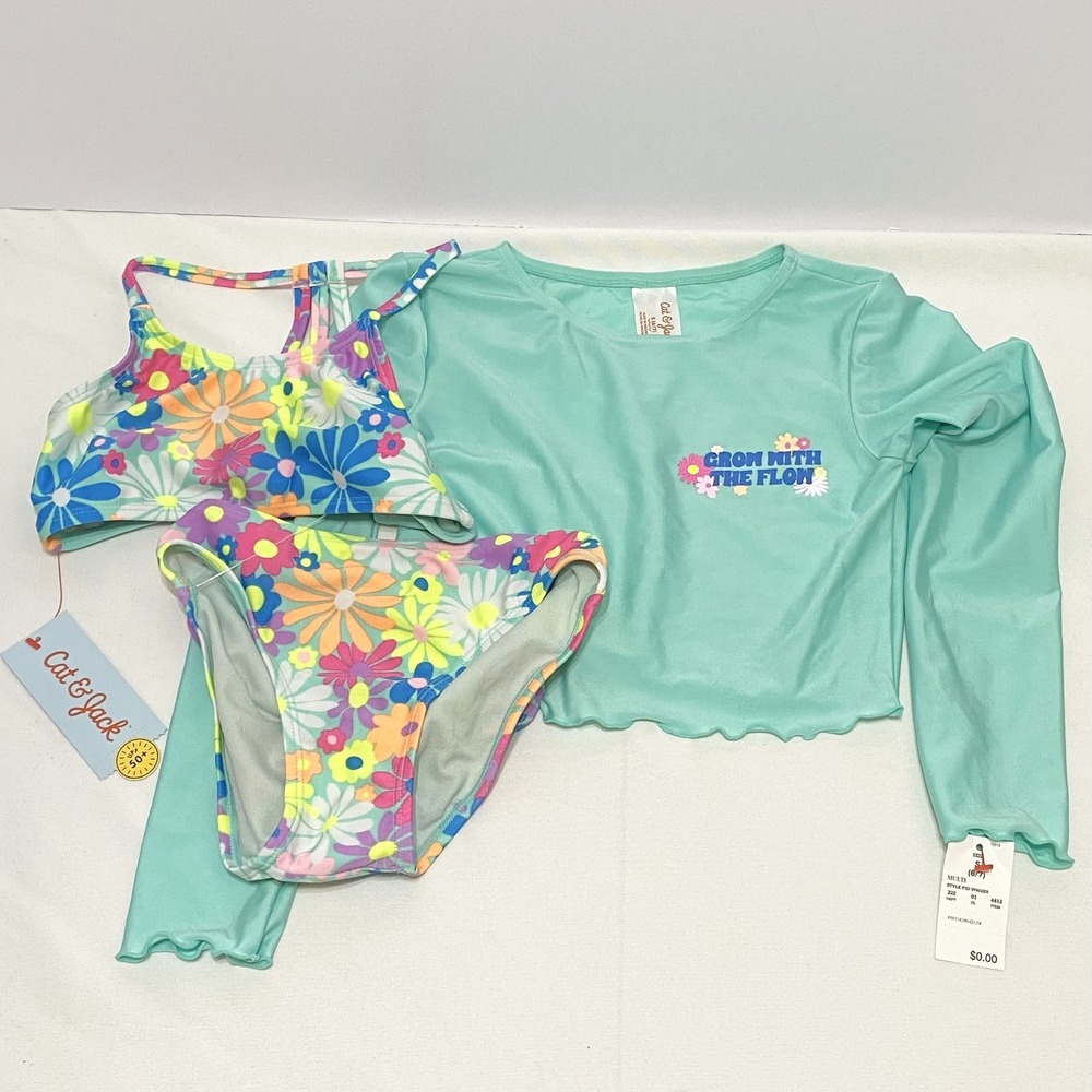 Cat & Jack Girls 3 Piece Swimsuit Set Rash Guard Teal Colorful Flowers S6/7‎ NWT
